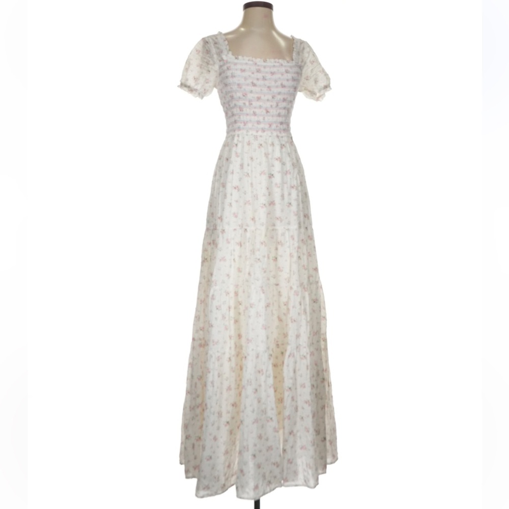 Storia white floral maxi dress with smocked bust and puff sleeves
